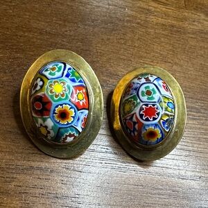 Signed Gastineau Brass & Millefiori Colorful Floral Earrings